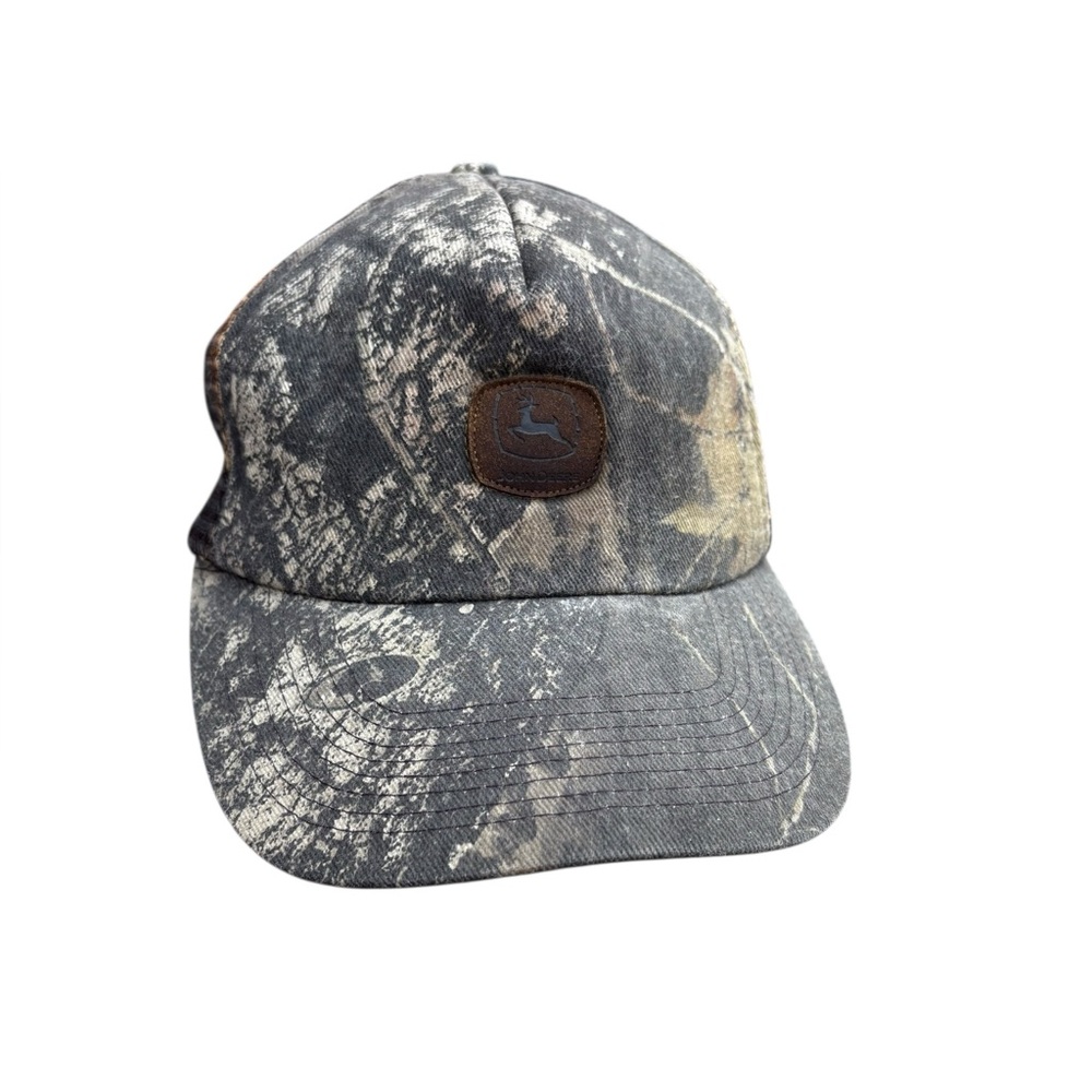 John Deere Camo Baseball Cap Leather Logo‎ Teens Mossy Oak Trucker Snap As Is